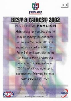 2003 Select XL Ultra AFL - Club Best & Fairest 2002 #BF13 Matthew Pavlich Back